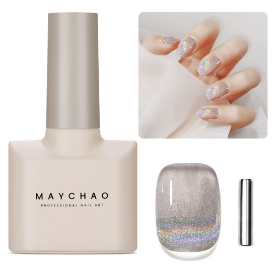 Picture of MAYCHAO 15ML Cat Eye Gel Nail Polish 1Pc Rainbow Cat Eye Nail Polish with Magnet Soak off Holographic Magnetic Gel Polish for Nail Art Manicure Salon DIY at Home, 0.5 OZ