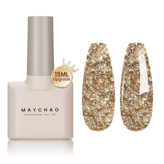 Picture of MAYCHAO 15ML Champagne Glitter Gel Nail Polish 1Pc Champagne Gel Polish Soak Off UV LED Nail Polish Nail Art Starter Manicure Salon DIY at Home, 0.5 OZ