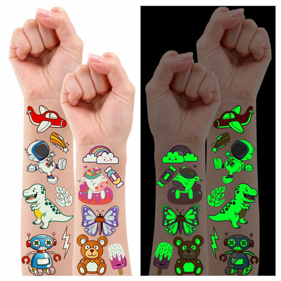Picture of Partywind 380 Styles (30 Sheets) Luminous Tattoos for Kids, Mixed Styles Temporary Tattoos Stickers with Unicorn/Mermaid/Dinosaur/Outer Space/Pirate for Boys and Girls, Glow Party Supplies Gifts for Children