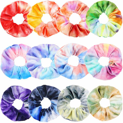 Picture of IVARYSS Scrunchies for Girls, 12 Pcs Tie Dye Velvet Scrunchies for Hair, Soft Rainbow Ponytail Holder, Cute Candy Colors Elastic Hair Bands for Teens and Women