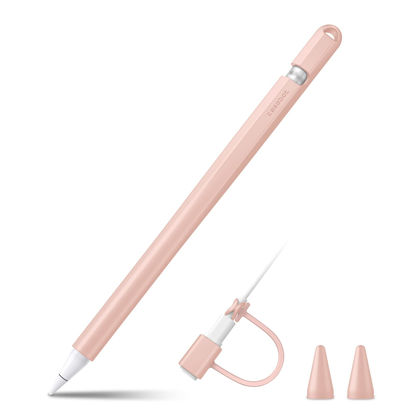 Picture of Fintie Silicone Sleeve Compatible with Apple Pencil 1st Generation, Ultra Light Pen Skin Case Cover Soft Protective Pencil Grip Holder with 2 Nib Covers & Cable Adapter Tether, Pink Sand