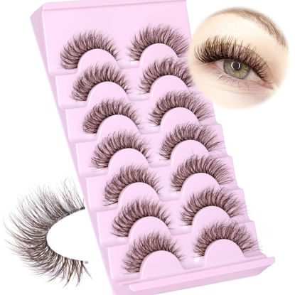 Picture of JIMIRE Brown False Eyelashes with Clear Band Fluffy 6D Lashes Brown Colored Lashes Natural Look Like Eyelash Extensions Soft Faux Mink Strip Eyelashes 7 Pairs Multipack