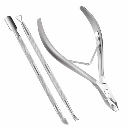 Picture of Cuticle Nippers and Cuticle Pusher Manicure Tools Set - Professional Stainless Steel Nail Cuticle Remover Cutter Clippers Tool for Gel Nail Art Fingernails Toenails, Spa