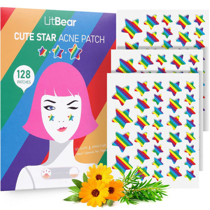 Picture of LitBear Acne Patch Pimple Patch, Rainbow Star Shaped Acne Absorbing Cover Patch, Hydrocolloid Acne Patches For Face Zit Patch Acne Dots, Tea Tree Oil + Centella, 128 Patches, 18mm, 14mm & 10mm
