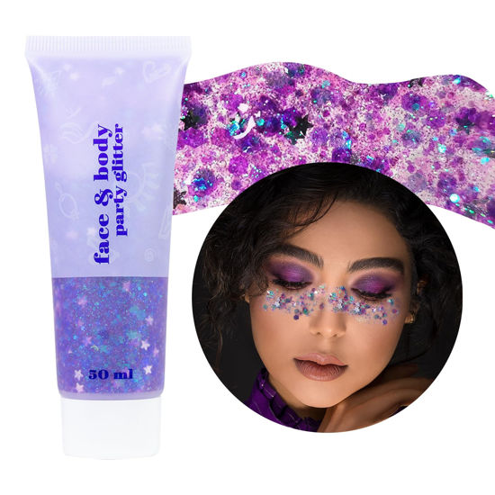 Picture of DAGEDA Body Glitter Gel, Face Glitters Body Gel Sequins Shimmer Liquid Eyeshadow, Chunky Glitter for Face Hair Nails, Holographic Cosmetic Laser Powder Festival Glitter Makeup1.7oz (Violet)