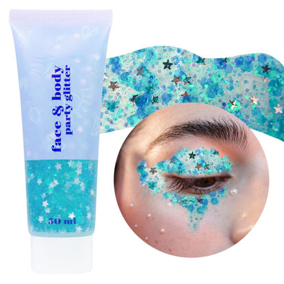 Picture of DAGEDA Body Glitter Gel, Face Glitters Body Gel Sequins Shimmer Liquid Eyeshadow, Chunky Glitter for Face Hair Nails, Holographic Cosmetic Laser Powder Festival Glitter Makeup 1.7oz (Lake Blue)