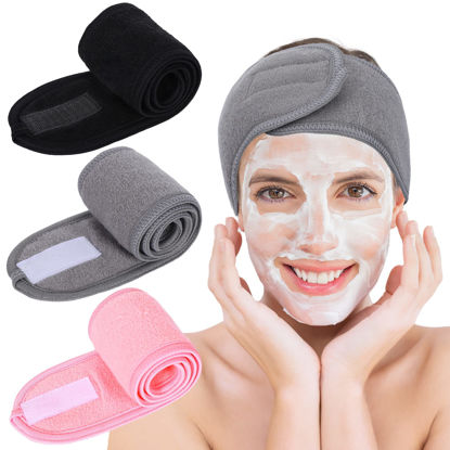 Picture of Whaline Spa Facial Headband Make Up Wrap Head Terry Cloth Headband Adjustable Towel Band for Face Washing Shower Facial Cover, 3 Pieces (Black, Pink, Gray)