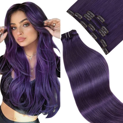 Picture of 【New Arrival】LAAVOO Clip in Hair Extensions Human Hair Purple Hair Extensions Clip ins Haze Purple 18inch 80 Gram 5Pcs Hair Extensions Clip in Human Hair Popular Color Double Weft for Women Silky Straight