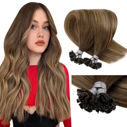 Picture of 22in Keratin Human Hair Extensions Balayage Dark Brown Fading to Brown with Golden Blonde Ombre Hair Extensions Utips Natural Fusion Real Human Hair Extensions 50g 50s