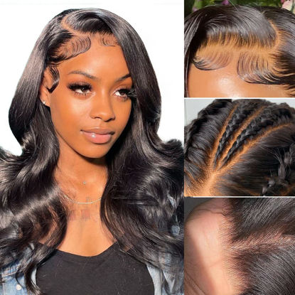 Picture of 13x6 Lace Front Wigs Human Hair Body Wave HD Transparent Lace Front Wigs Human Hair Pre Plucked with Baby Hair 150% Density Brazilian Virgin Human Hair Wigs for Black Women (Natural Black 16 Inch)