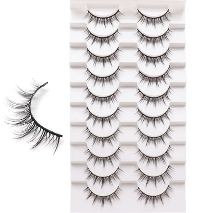 Picture of Losha Eyelashes Manga Lashes Natural Look Wispy Fluffy False Eyelashes 10 Pairs Reusable Anime Fake Eye Lashes Pack Like Individual Clusters| NO.393
