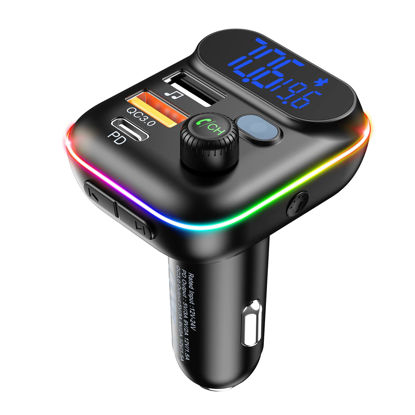 Picture of Ankilo Bluetooth V5.0 FM Transmitter for Car, QC3.0 Fast Charging & 7 RGB Color LED Backlit Wireless Car Adapter, Support U Disk, Hands-Free Call, TF Card (32G), Siri Google Assitant