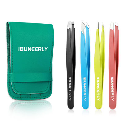Picture of iBuneerly Tweezers Set, 4Pcs Tweezers for Women with Travel Case, Professional Stainless Steel Eyebrows Tweezers, Great Precision Tweezers for Ingrown Hair, Facial Hair, Splinter Removal (Multi-Color)