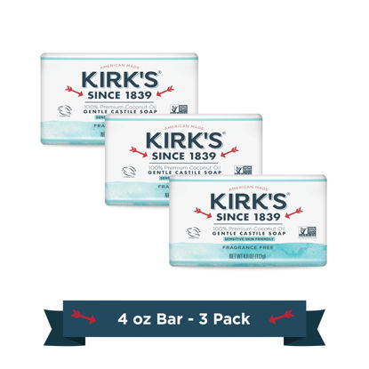 Picture of Kirk's Castile Bar Soap Clean Soap for Men, Women & Children | Premium Coconut Oil | Sensitive Skin Formula, Vegan | Fragrance-Free/Unscented | 4 oz. Bars - 3 Pack