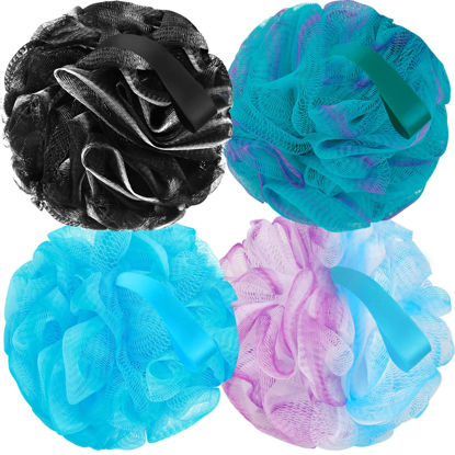 Picture of FARMOGA Bath Loofah Sponge Back Scrubber Shower Sponge Soft Mesh Exfoliator Pouf Shower Ball Bath Sponges for Women and Men Bath Accessories (4Pcs 50g Mix Black)