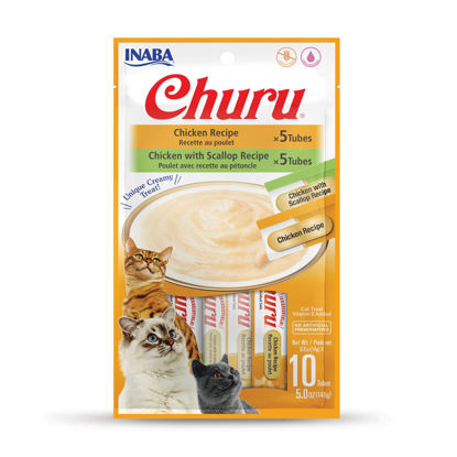 Picture of INABA Churu Cat Treats, Grain-Free, Lickable, Squeezable Creamy Purée Cat Treat/Topper with Vitamin E & Taurine, 0.5 Ounces Each Tube, 10 Tubes Total/Two Flavors, Chicken Variety