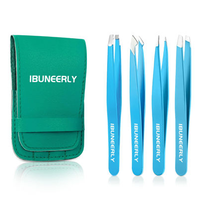 Picture of iBuneerly Tweezers Set, 4Pcs Tweezers for Women with Travel Case, Professional Stainless Steel Eyebrows Tweezers, Great Precision Tweezers for Ingrown Hair, Facial Hair, Splinter Removal (Blue)