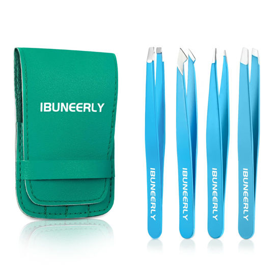Picture of iBuneerly Tweezers Set, 4Pcs Tweezers for Women with Travel Case, Professional Stainless Steel Eyebrows Tweezers, Great Precision Tweezers for Ingrown Hair, Facial Hair, Splinter Removal (Blue)