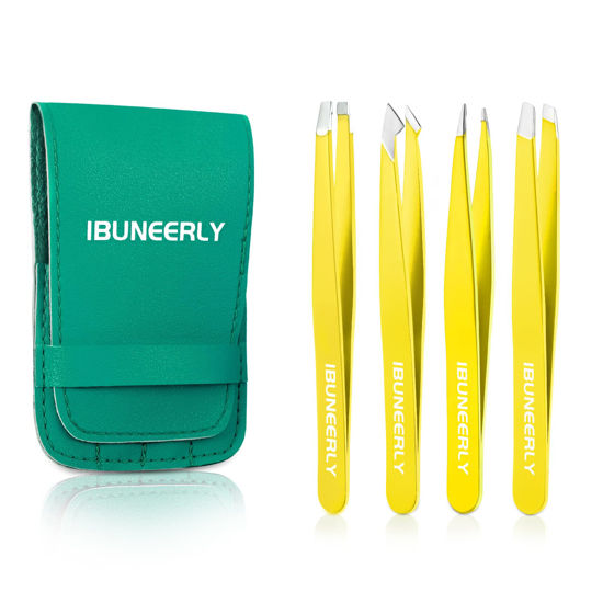 Picture of iBuneerly Tweezers Set, 4Pcs Tweezers for Women with Travel Case, Professional Stainless Steel Eyebrows Tweezers, Great Precision Tweezers for Ingrown Hair, Facial Hair, Splinter Removal (Yellow)