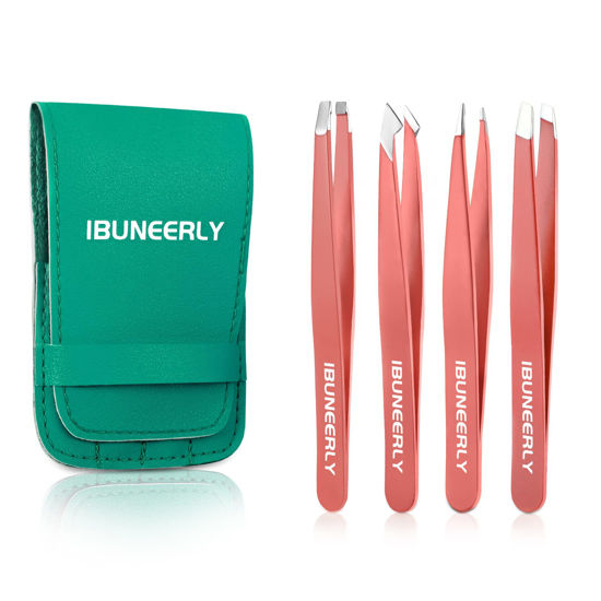Picture of iBuneerly Tweezers Set, 4Pcs Tweezers for Women with Travel Case, Professional Stainless Steel Eyebrows Tweezers, Great Precision Tweezers for Ingrown Hair, Facial Hair, Splinter Removal (Pink)
