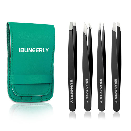 Picture of iBuneerly Tweezers Set, 4Pcs Tweezers for Women with Travel Case, Professional Stainless Steel Eyebrows Tweezers, Great Precision Tweezers for Ingrown Hair, Facial Hair, Splinter Removal (Black)