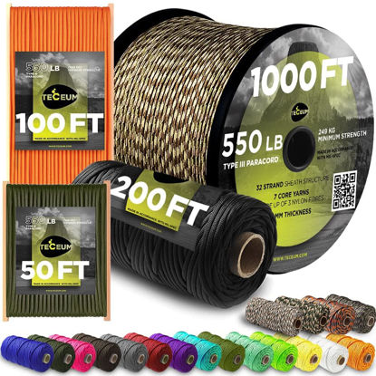 Picture of TECEUM Paracord Type III 550 Black - 50 ft - 4mm - Tactical Rope MIL-SPEC - Outdoor para Cord -Camping Hiking Fishing Gear and Equipment - EDC Parachute Cord - Strong Survival Rope 016 nw