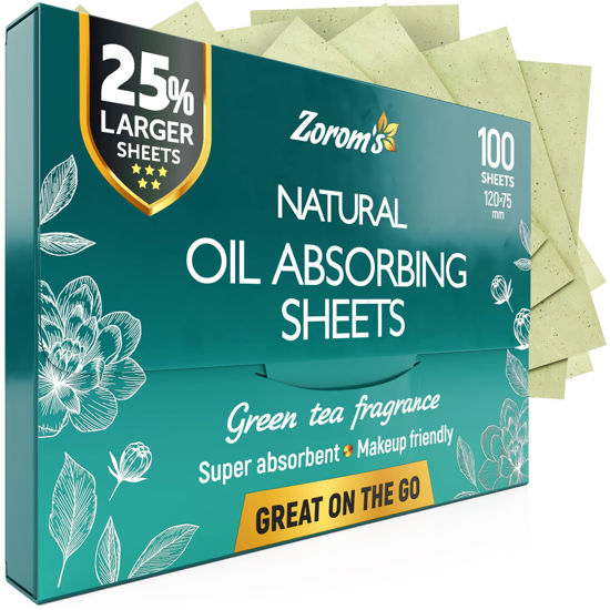 Picture of Natural Green Tea Oil Blotting Sheets for Face - 25% Larger Sheets (4.7x3”) - 100 Makeup Friendly Blotting Papers for Face - Easy Dispensing Oil Absorbing Sheets for Face