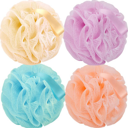 Picture of FARMOGA Bath Loofah Sponge Body Scrubber Shower Sponge Exfoliating Mesh Pouf Shower Ball Bath Sponges for Women and Men Bathing Accessories (4Pack 50G Colorful)