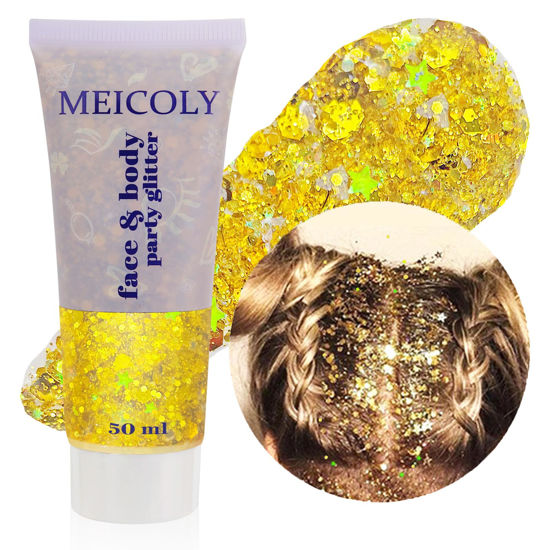 Picture of MEICOLY Gold Body Glitter,Yellow Face Glitter Gel Accessories,Music Festival Glitter for Women,Chunky Glitter Face Paint,Mermaid Sequins Hair Glitter Makeup,Sparkle Body Glitter Gel for Women Kids