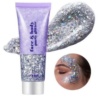 Picture of Go Ho Silver Body Glitter,Silver Face Glitter Gel,Hair Glitter,Holographic Chunky Glitter for Party Halloween Makeup, Glitter Sequins Festival Rave Accessories,05 Silver Glitter 52g