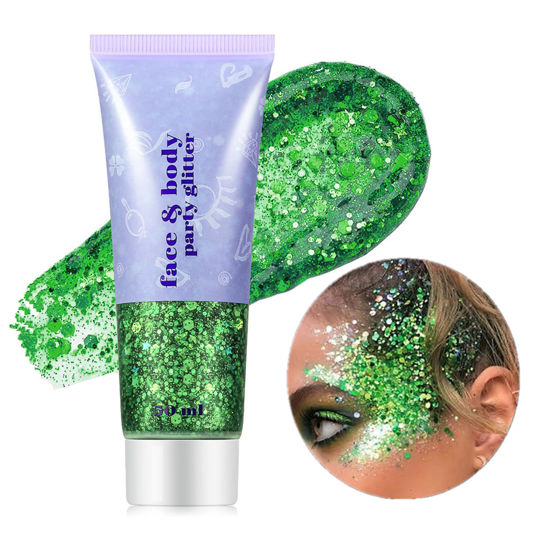 Picture of Go Ho Green Face Body Glitter,St Patricks Day Face Glitter Makeup,Green Face Paint Holographic Chunky Sequins Glitters for Eye Lip Hair Nails,Festival Glitter Rave Accessories,09 Green Glitter 52g