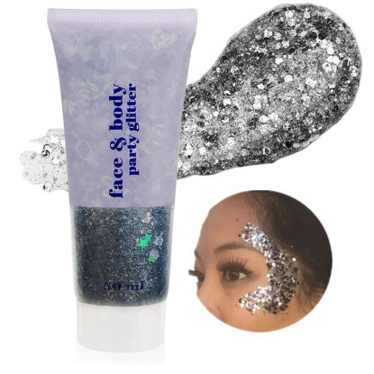 Picture of Go Ho Black Body Glitter,Halloween Black Face Paint Glitter Makeup,Holographic Chunky Sequins Glitter for Festival Cosplay SFX Costume,Festival Rave Accessories,Eye Black Face Glitter Gel
