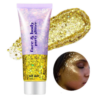 Picture of Go Ho Gold Face Body Glitter,Mardi Gras Glitter Makeup Gold Face Paint,Holographic Chunky Sequins Glitters for Eye Lip Hair Nails,Festival Glitter Rave Accessories,02 Gold Glitter