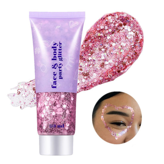 Picture of Go Ho Pink Body Glitter Gel,Singer Concerts Pink Face Glitter Makeup,Holographic Chunky Sequins Glitter for Lip/Hair/Nails,Music Gift for Disco Outfit Woman,Festival Rave Accessories,Pink Glitter
