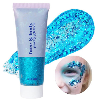Picture of Go Ho Light Blue Body Glitter Gel,Blue Mermaid Face Glitter Makeup,Holographic Chunky Sequins Glitter for Eye Lip Hair,Halloween Costumes Festival Rave Glitter Accessories,03 Baby Blue Glitter