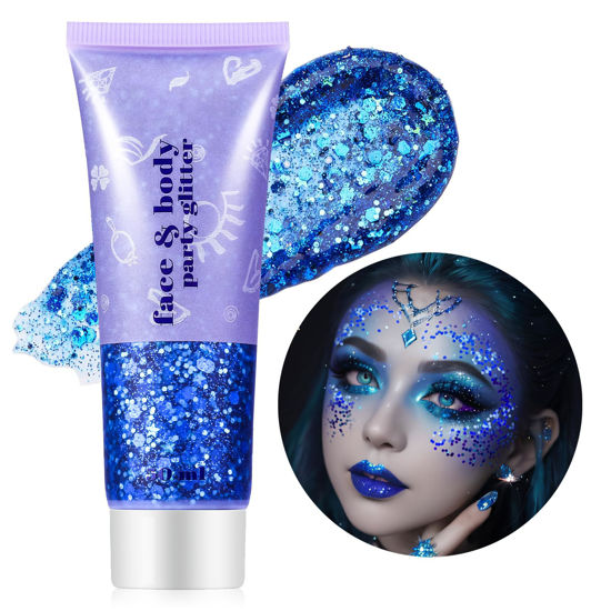 Picture of Go Ho Blue Face Body Glitter,Singer Concerts Blue Face Paint Glitter Makeup,Holographic Chunky Sequins Glitters for Eye Lip Hair Nails,Festival Glitter Rave Accessories,01 Blue Glitter 52g