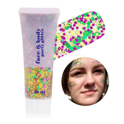 Picture of Go Ho Mardi Gras Body Glitter,St.Patrick's Day Face Glitter,Sparkly Holographic Glitter Mermaid Sequins Party Festival Rave Accessories,Gold Green Purple Chunky Sequins Glitters Gel