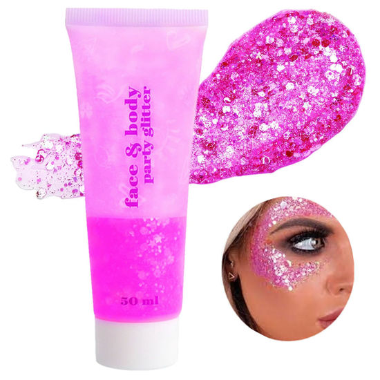 Picture of Go Ho Hot Pink Face Body Glitter,Singer Concerts Hot Pink Face Paint Glitter Makeup,Holographic Chunky Sequins Glitters for Eye Lip Hair Nails,Festival Glitter Rave Accessories,52g