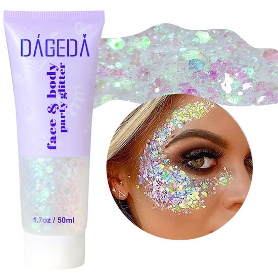 Picture of DAGEDA Body Glitter Gel, Face Glitter Body Gel Sequins Shimmer Liquid Eyeshadow, Chunky Glitter for Face Hair Nails, Holographic Cosmetic Laser Powder Festival Glitter Makeup 50ml(White)