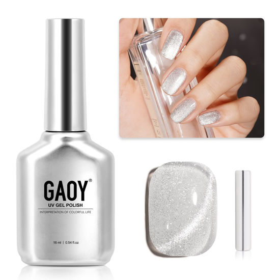 Picture of GAOY Cat Eye Gel Nail Polish, Glitter Holographic Nail Polish with Magnet, 16ml Reflective Translucent UV Gel for Nail Art, 1138 Silver