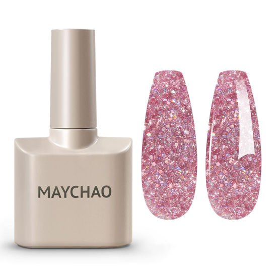Picture of MAYCHAO 15ML Rose Pink Glitter Gel Nail Polish 1Pc Sakura Pink Glitter Gel Polish Soak Off UV LED Nail Polish Nail Art Starter Manicure Salon DIY at Home, 0.5 OZ