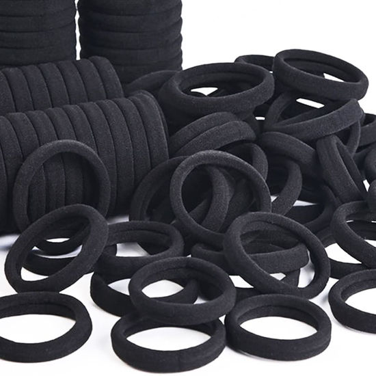 Picture of J-MEE Thick hair ties Hair Bands 100PCS Seamless Cotton Simply Ponytail Holders Headband Scrunchies Hair Accessories No Crease Damage for Thick Hair (black)