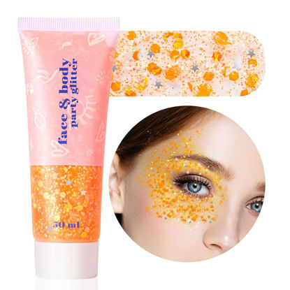 Picture of MEICOLY Orange Body Glitter,Halloween Sparkling Face Glitter Gel,Mermaid Sequins Face Paint Glitter,Eye Hair Chunky Festival Rave Accessories SFX Makeup,Party Body Glitter Gel for Women Kids,50ml