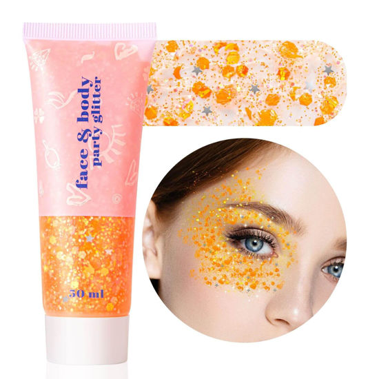 Picture of MEICOLY Orange Body Glitter,Halloween Sparkling Face Glitter Gel,Mermaid Sequins Face Paint Glitter,Eye Hair Chunky Festival Rave Accessories SFX Makeup,Party Body Glitter Gel for Women Kids,50ml