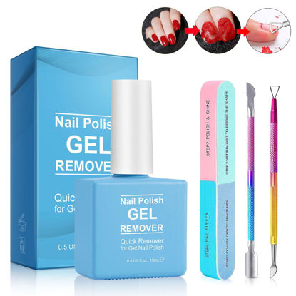 Picture of Gel Nail Polish Remover with Shape 'N' Buff Nail Buffer & Cuticle Pusher in 2-5mins, Simple Easy Gel Nail Polish Remover Set (colorful set#1)
