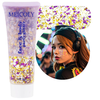 Picture of MEICOLY Face Glitter Makeup for Music Festival,Gold Silver Purple Body Glitter,Music Festival Outfits for Women,Glitter Face Paint for Country Music/Musical Event,Music Festival Rave Accessories,50ml