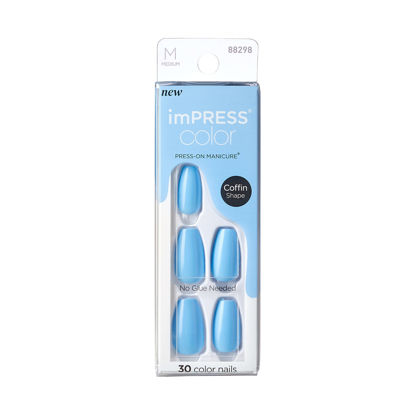 Picture of KISS imPRESS No Glue Mani Press On Nails, Color, Serene Blue', Blue, Medium Size, Coffin Shape, Includes 30 Nails, Prep Pad, Instructions Sheet, 1 Manicure Stick, 1 Mini File