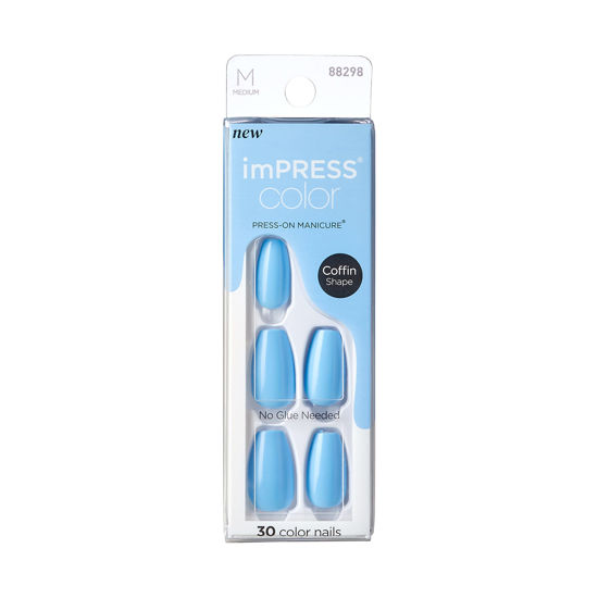 Picture of KISS imPRESS No Glue Mani Press On Nails, Color, Serene Blue', Blue, Medium Size, Coffin Shape, Includes 30 Nails, Prep Pad, Instructions Sheet, 1 Manicure Stick, 1 Mini File