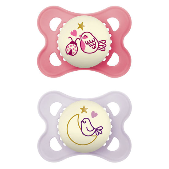 Picture of MAM Night Pacifiers (2 Pack, 1 Sterilizing Pacifier Case), MAM Pacifiers 0-6 Months, Best Pacifier for Breastfed Babies, Glow in the Dark Pacifier, Baby Girl Pacifier