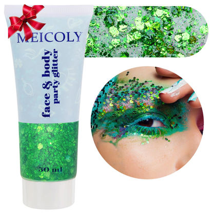 Picture of MEICOLY Green Body Glitter,St Patricks Day Accessories Face Glitter,St.Patrick's Day Alien Glitter,Face Hair Mermaid Sequins Party Festival Rave Makeup,Sparkly Body Glitter Gel for Women Kids,50ml